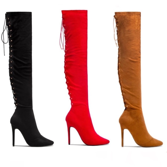 Red High Heel Open Back Corset Lace Up Thigh High Boot - Picture 9 of 11